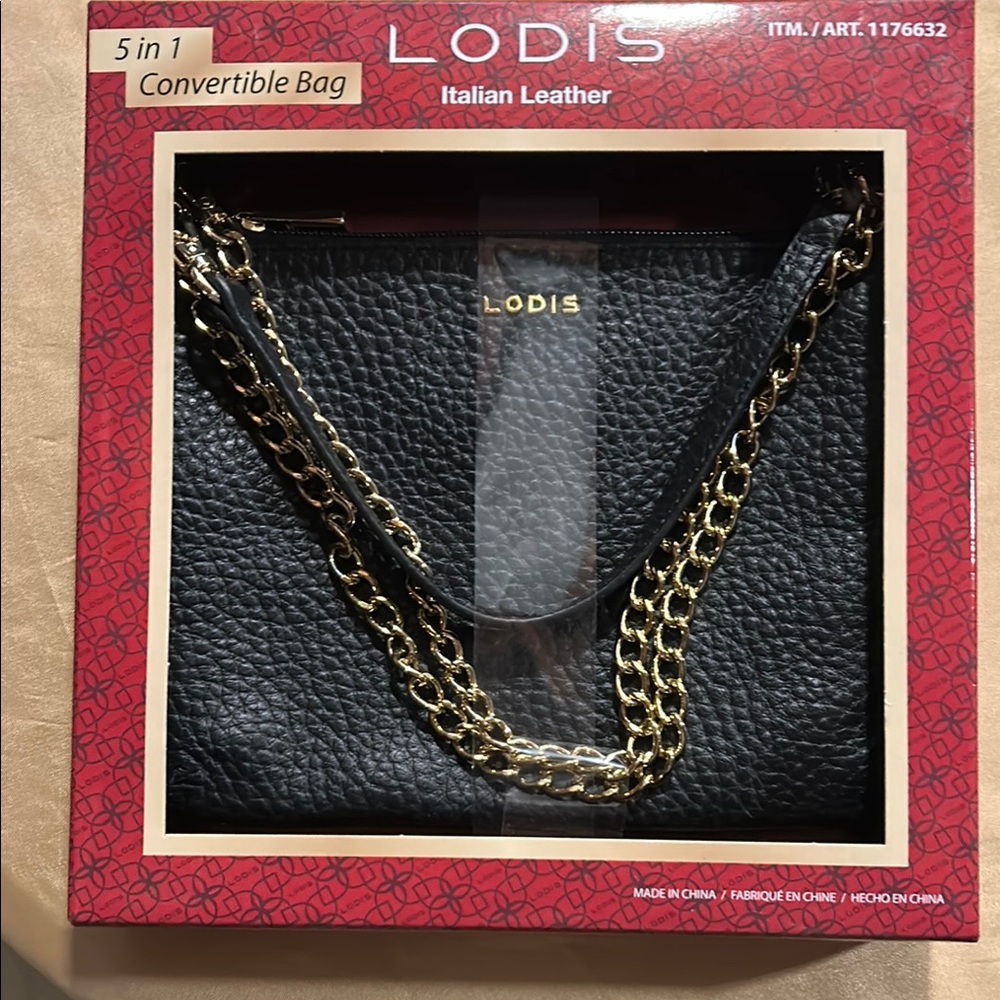 Lodis Black Leather Bag with Gold Chain